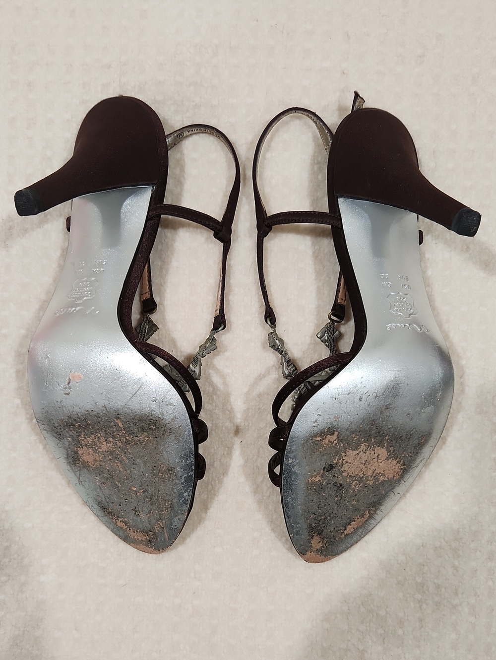 Nina Brown Satin Jeweled T-Strap Heels - Picture 6 of 8